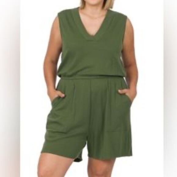 New Zenana Cotton Sleeveless V Neck Romper with Pockets Army Green Size 3X - Picture 1 of 7